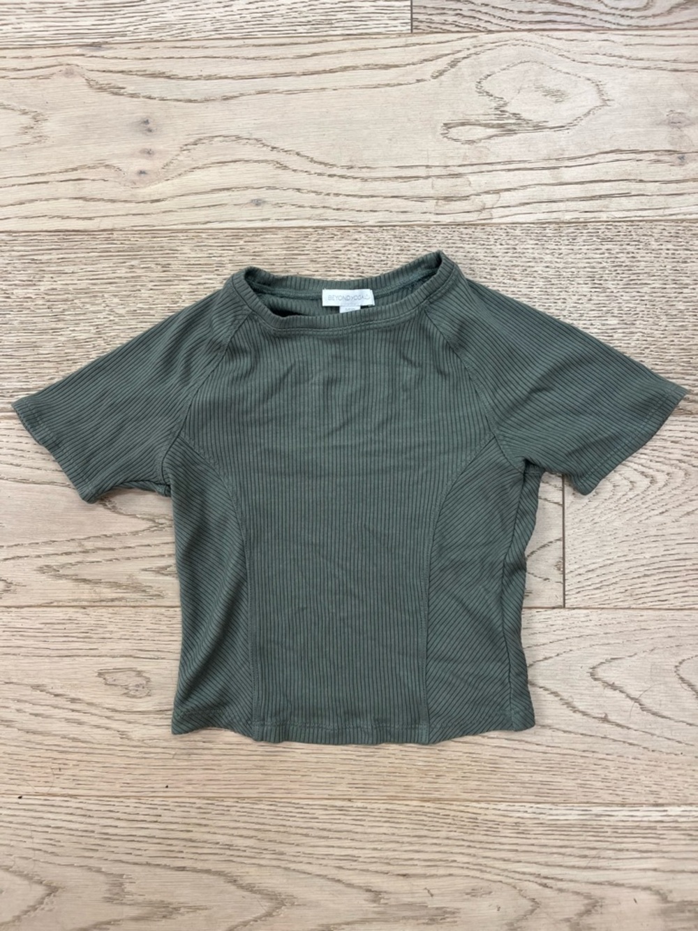 Beyond Yoga Olive Ribbed Short Sleeve Crop Top